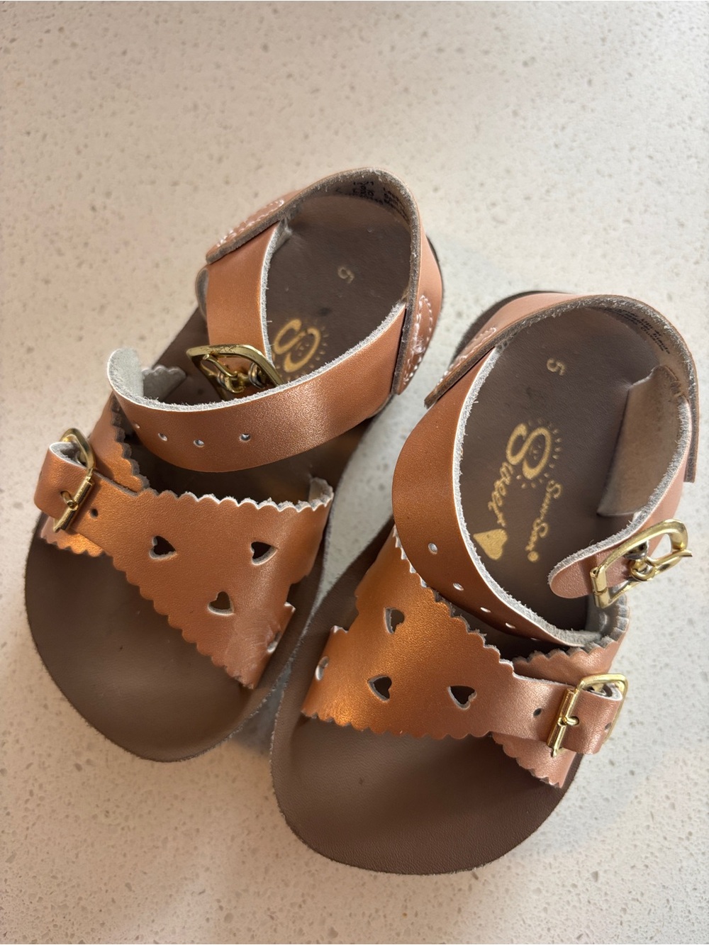 Kids Tan Heart Cutout Sandals with Gold Buckles sand sun